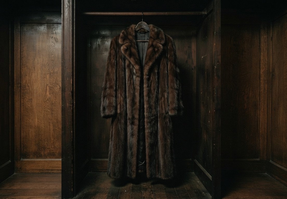 An empty fur coat hanging alone in a closet
